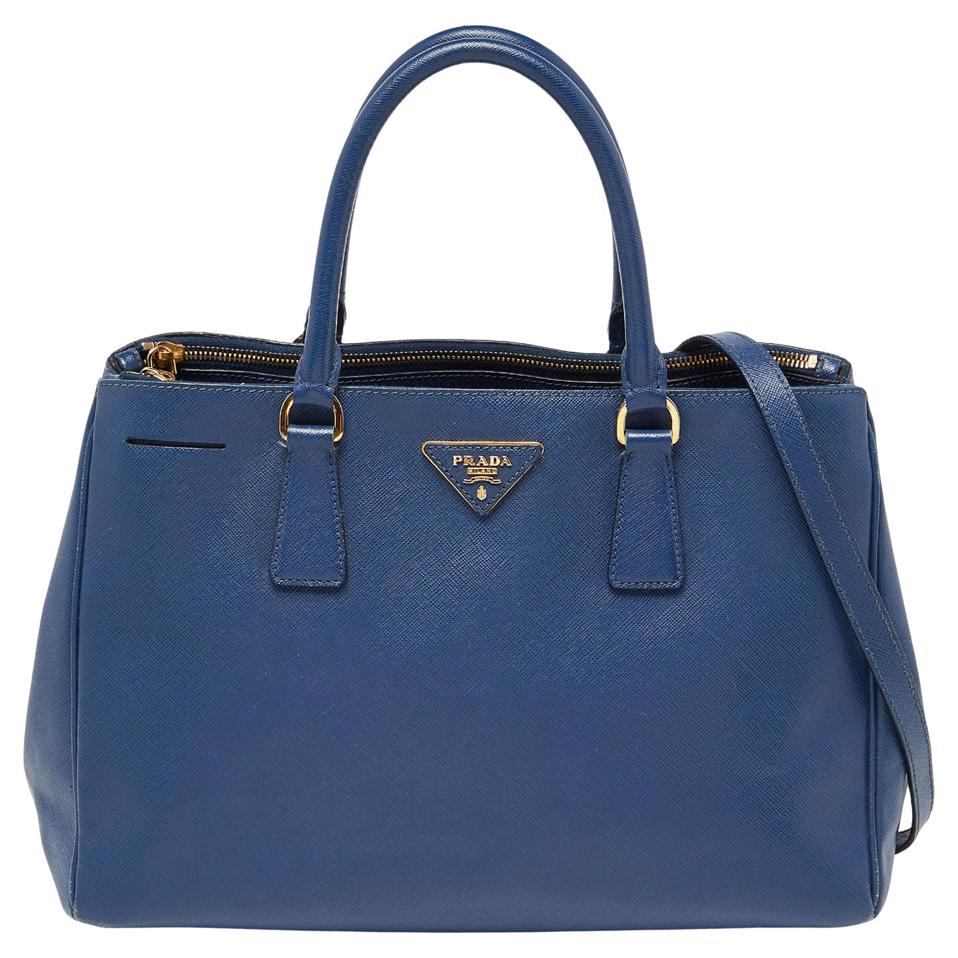 Prada Blue Saffiano Lux Leather Large Galleria Double Zip Tote For Sale
