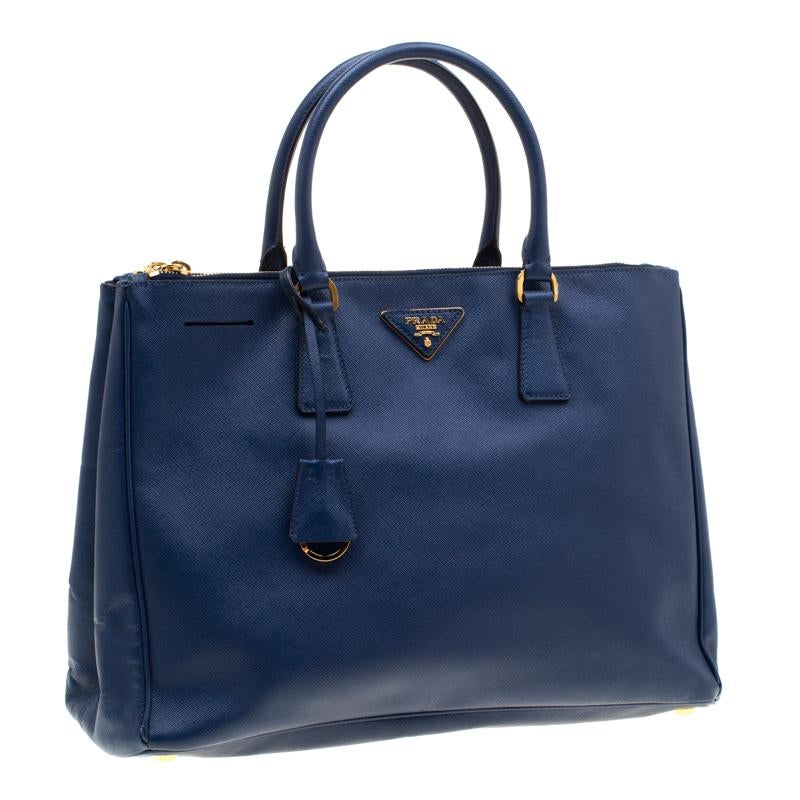 Women's Prada Blue Saffiano Lux Leather Medium Double Zip Tote