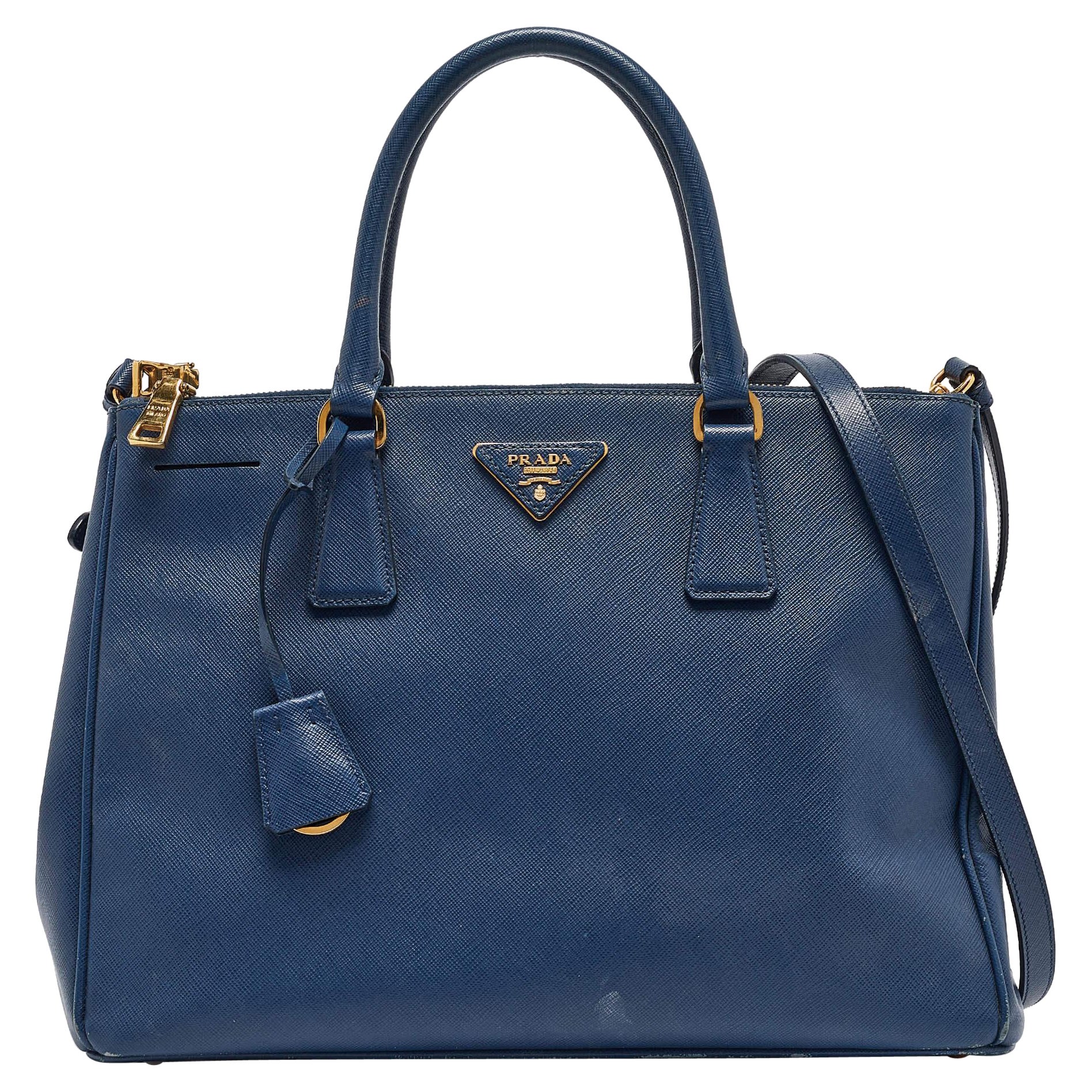 Prada Blue Saffiano Lux Leather Medium Double Zip Tote
