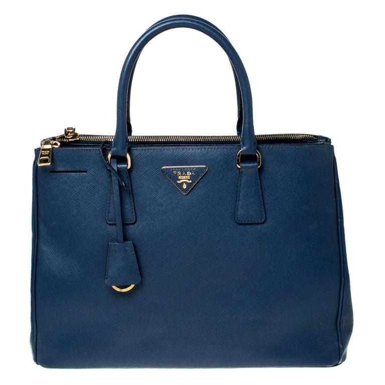 Prada Blue Saffiano Lux Leather Medium Double Zip Tote For Sale