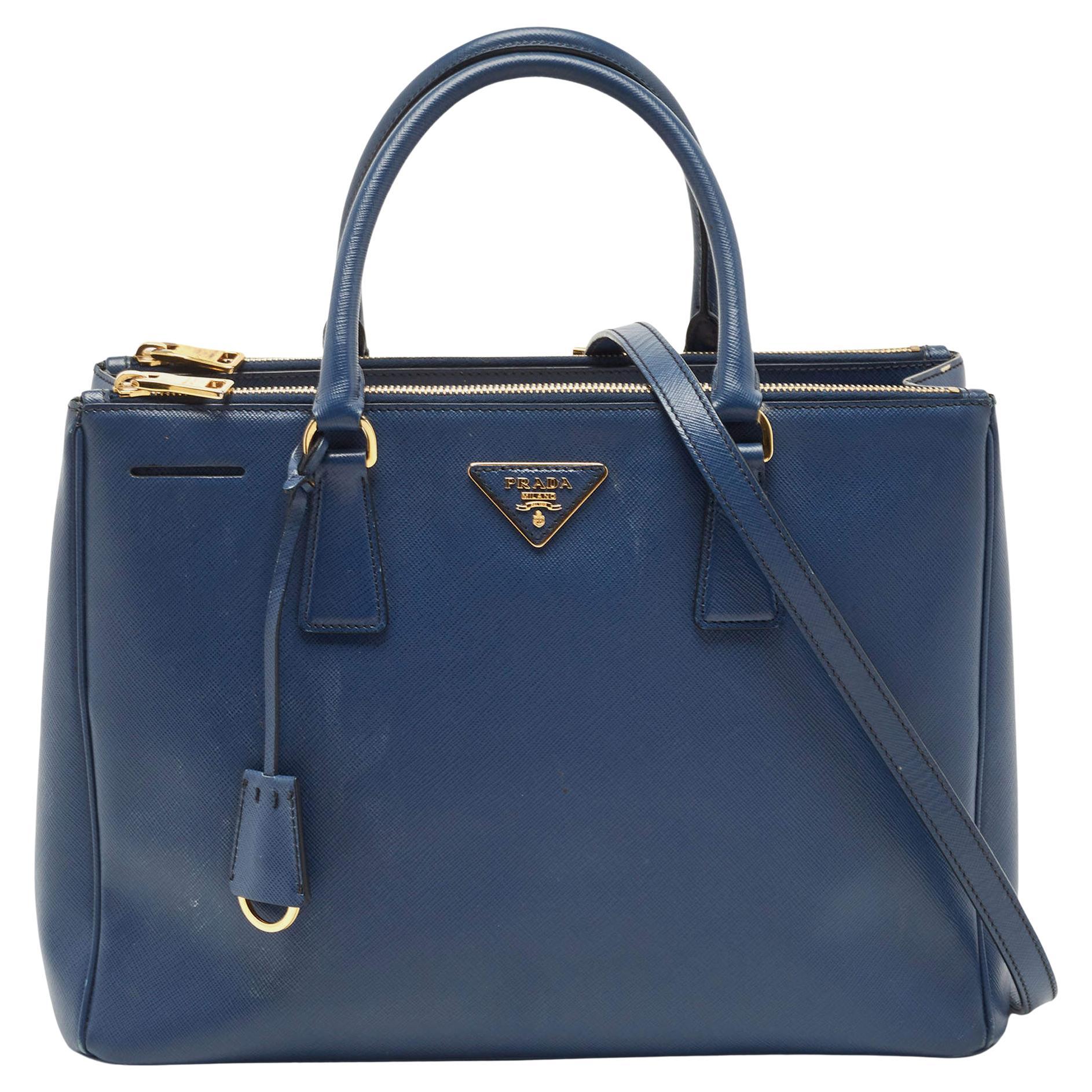 Prada Blue Saffiano Lux Leather Medium Double Zip Tote