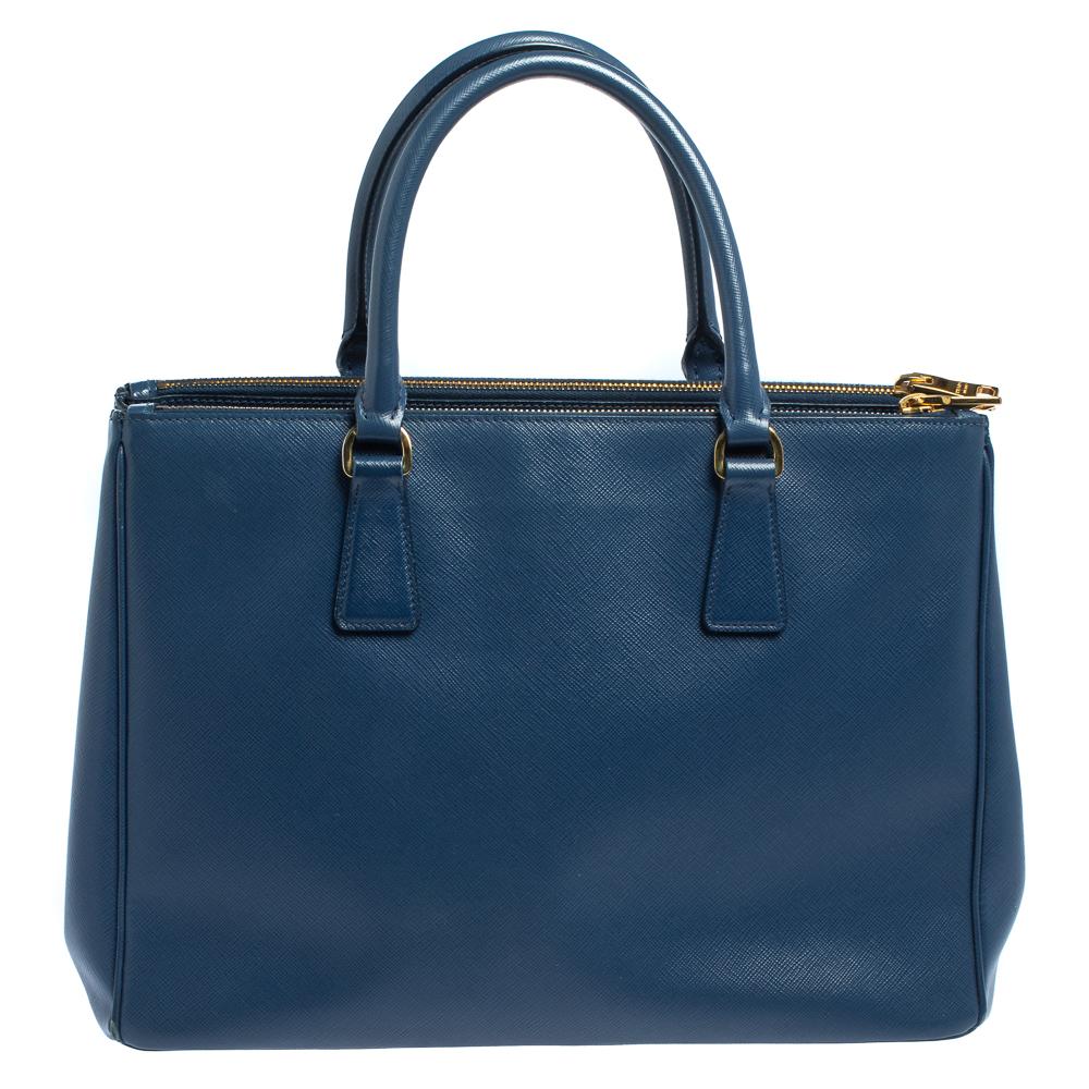 Women's Prada Blue Saffiano Lux Leather Medium Galleria Double Zip Tote