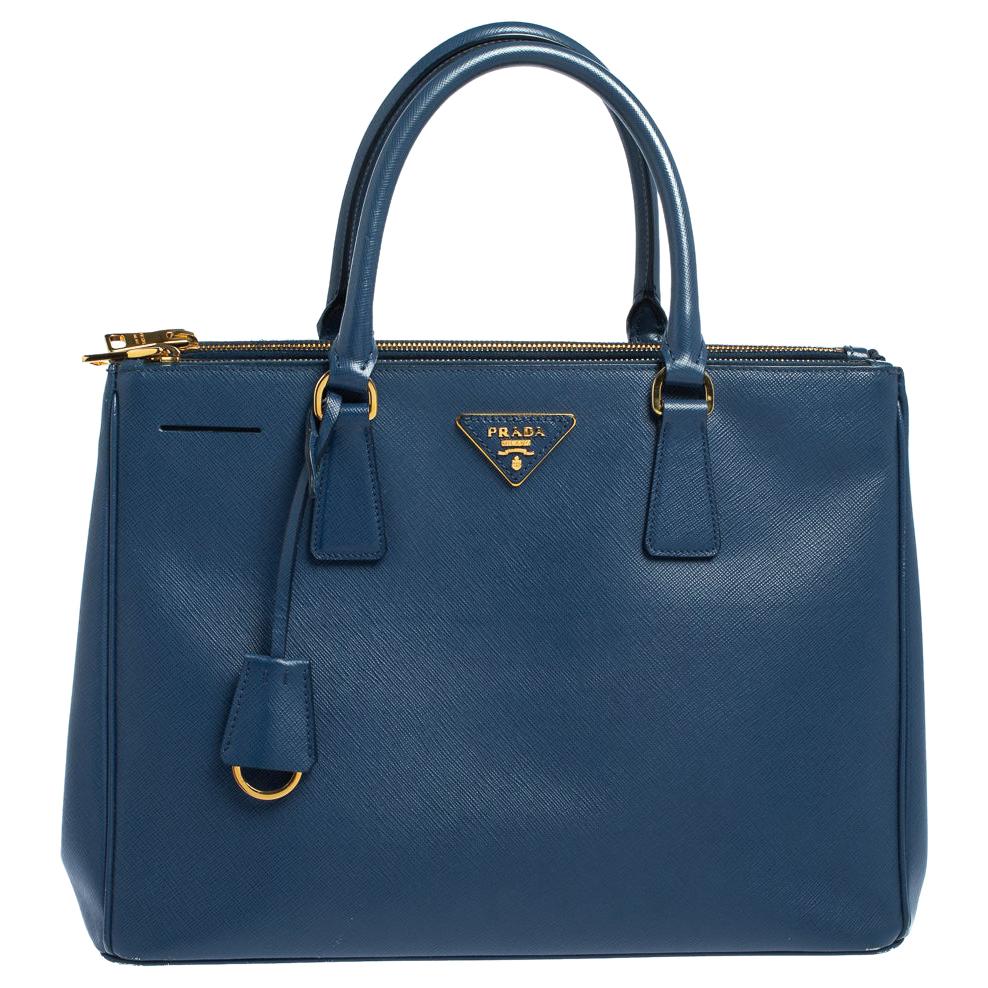 Prada Blue Saffiano Lux Leather Medium Galleria Double Zip Tote