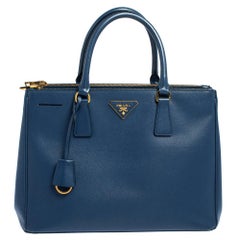 Used Prada Blue Saffiano Lux Leather Medium Galleria Double Zip Tote