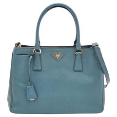 Prada Blaue Saffiano Lux Ledertasche Medium Galleria mit doppeltem Reißverschluss