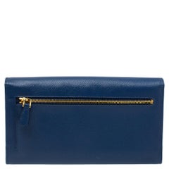 Prada Blue Saffiano Lux Leather Metal Bar Flap Continental Wallet