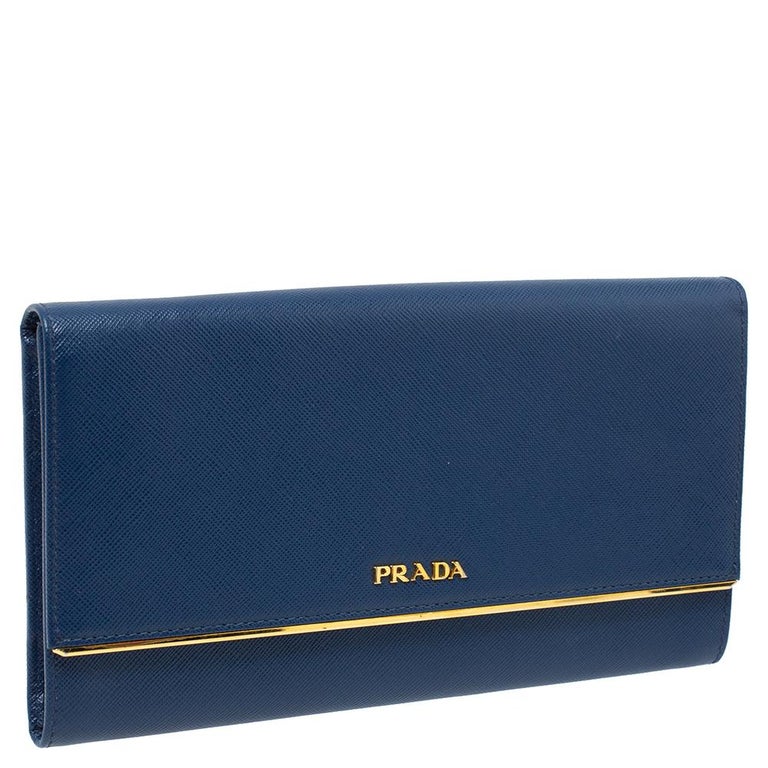 Prada Blue Saffiano Lux Leather Metal Bar Flap Continental Wallet at  1stDibs