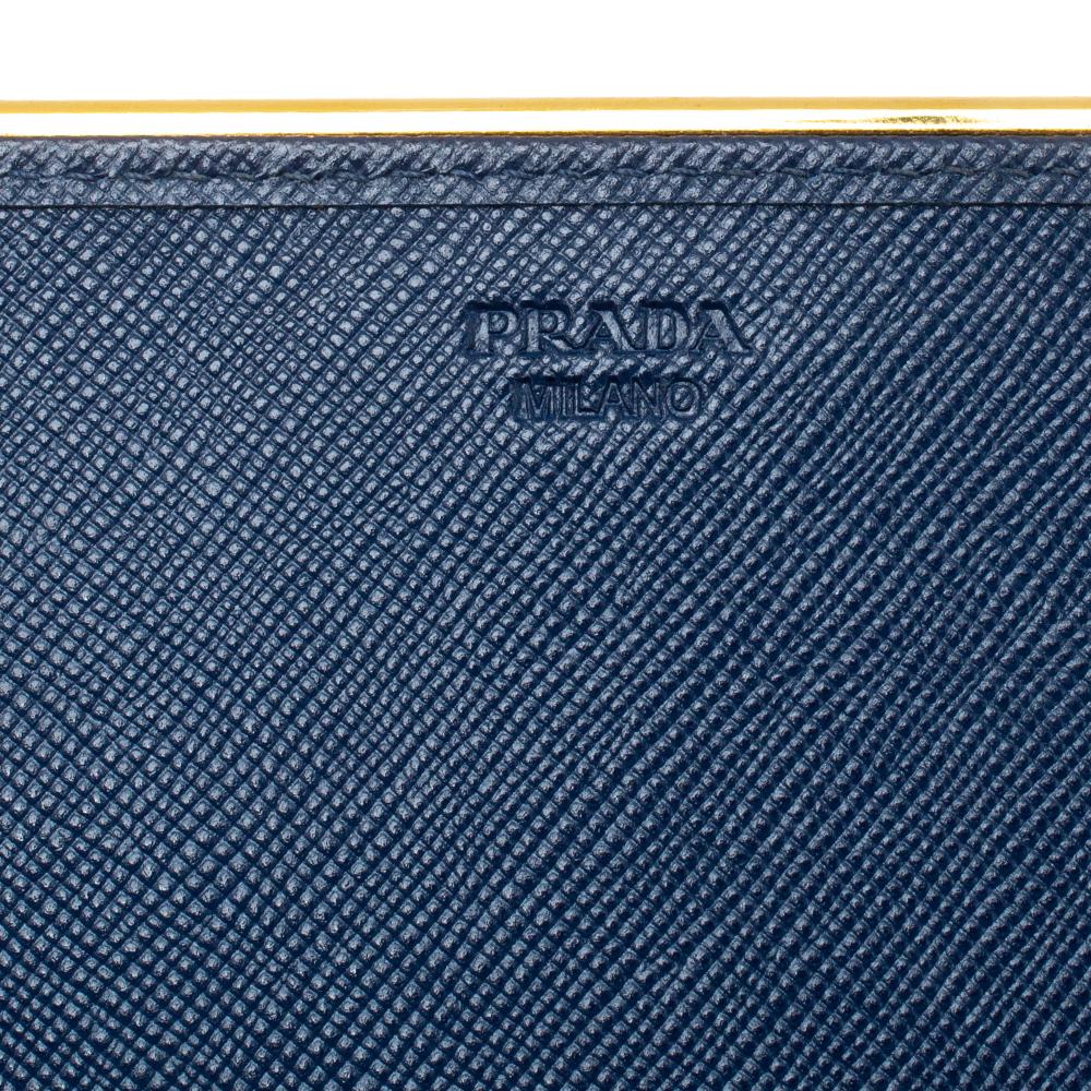 Women's Prada Blue Saffiano Lux Leather Metal Bar Flap Continental Wallet