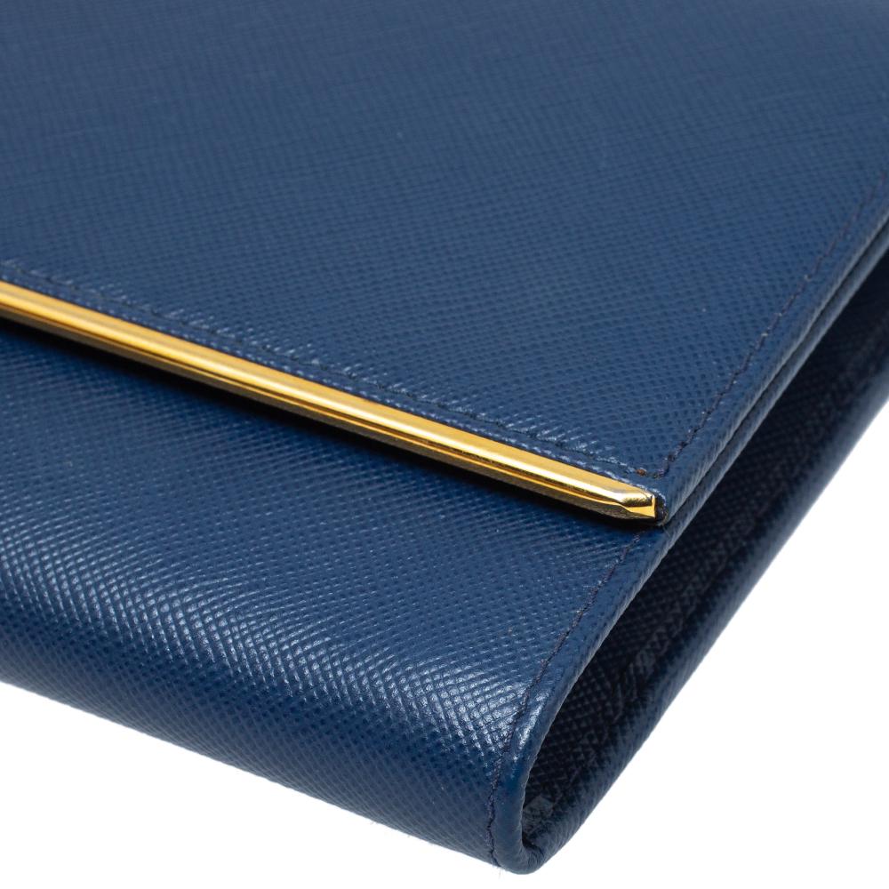 Prada Blue Saffiano Lux Leather Metal Bar Flap Continental Wallet 3