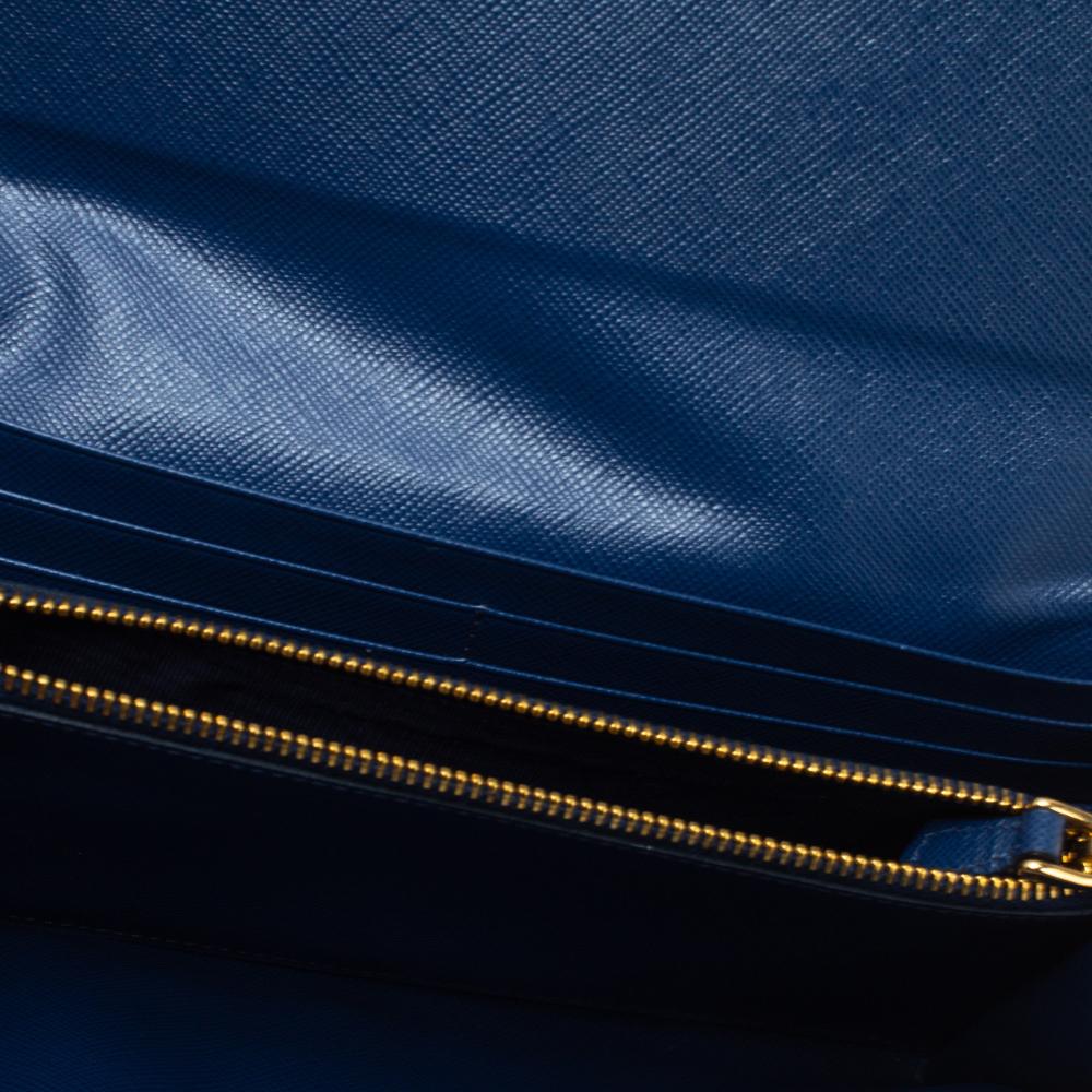Prada Blue Saffiano Lux Leather Metal Bar Flap Continental Wallet 4