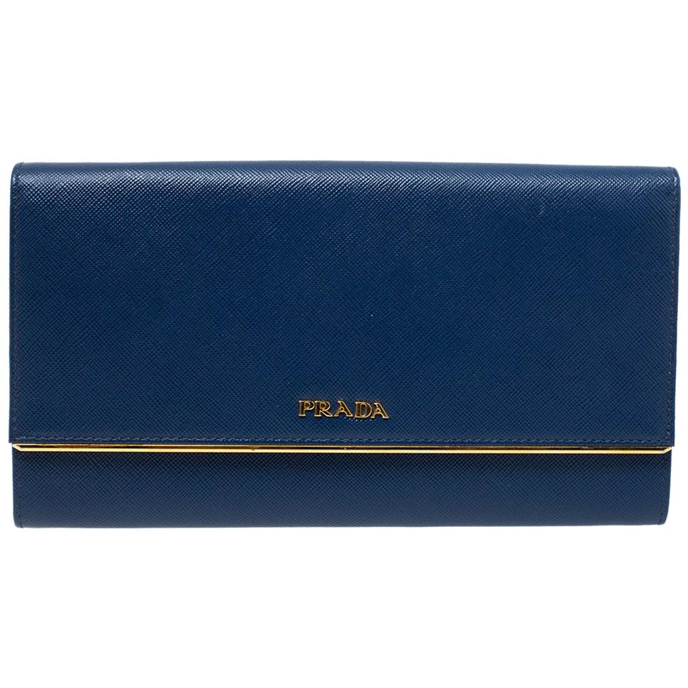 Prada Blue Saffiano Metal Leather Wallet On Chain Prada