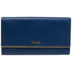 Prada Blue Saffiano Lux Leather Metal Bar Flap Continental Wallet