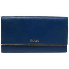 Prada Blue Saffiano Lux Leather Metal Bar Flap Continental Wallet at  1stDibs