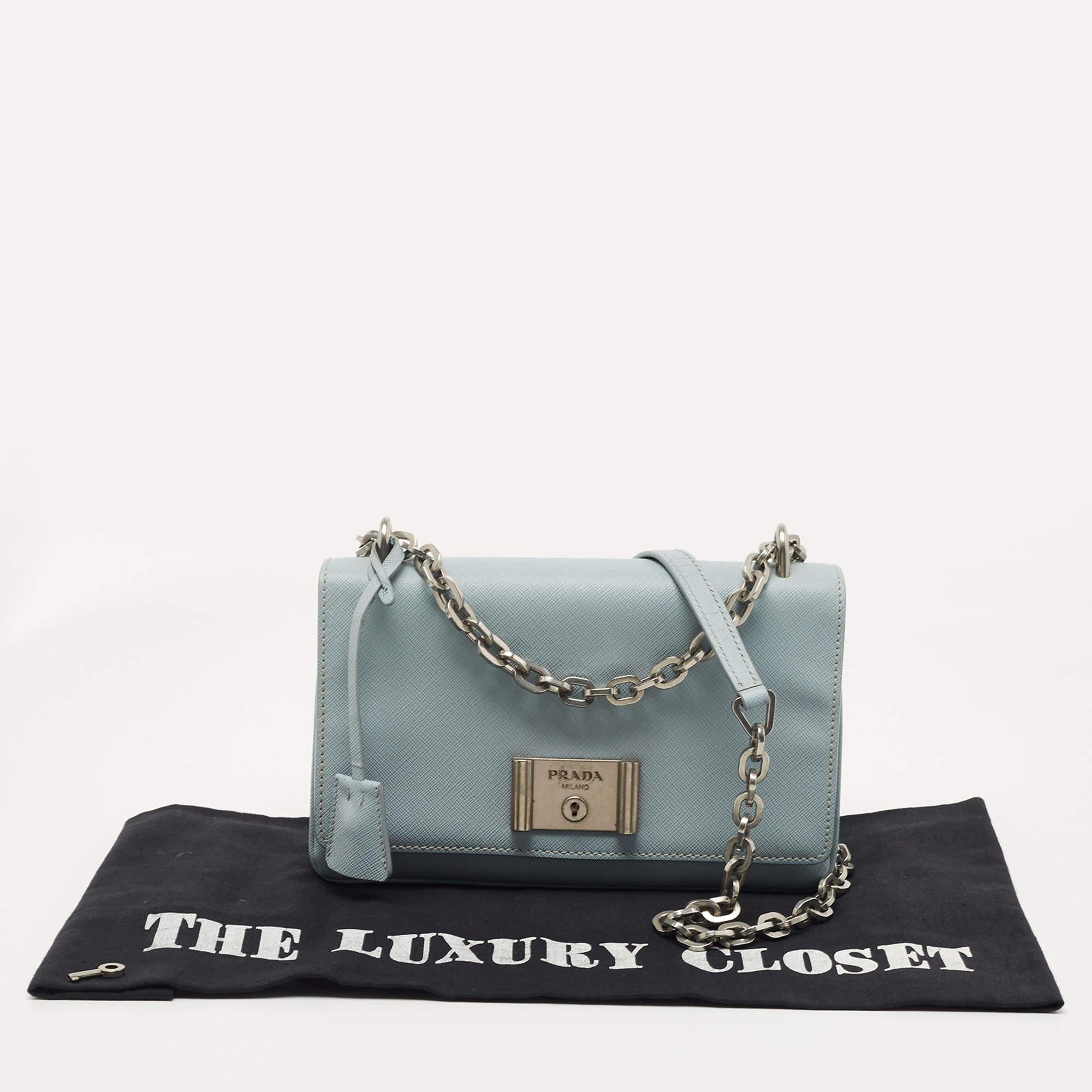 Prada Blue Saffiano Lux Leather Metal Closure Chain Shoulder Bag 9