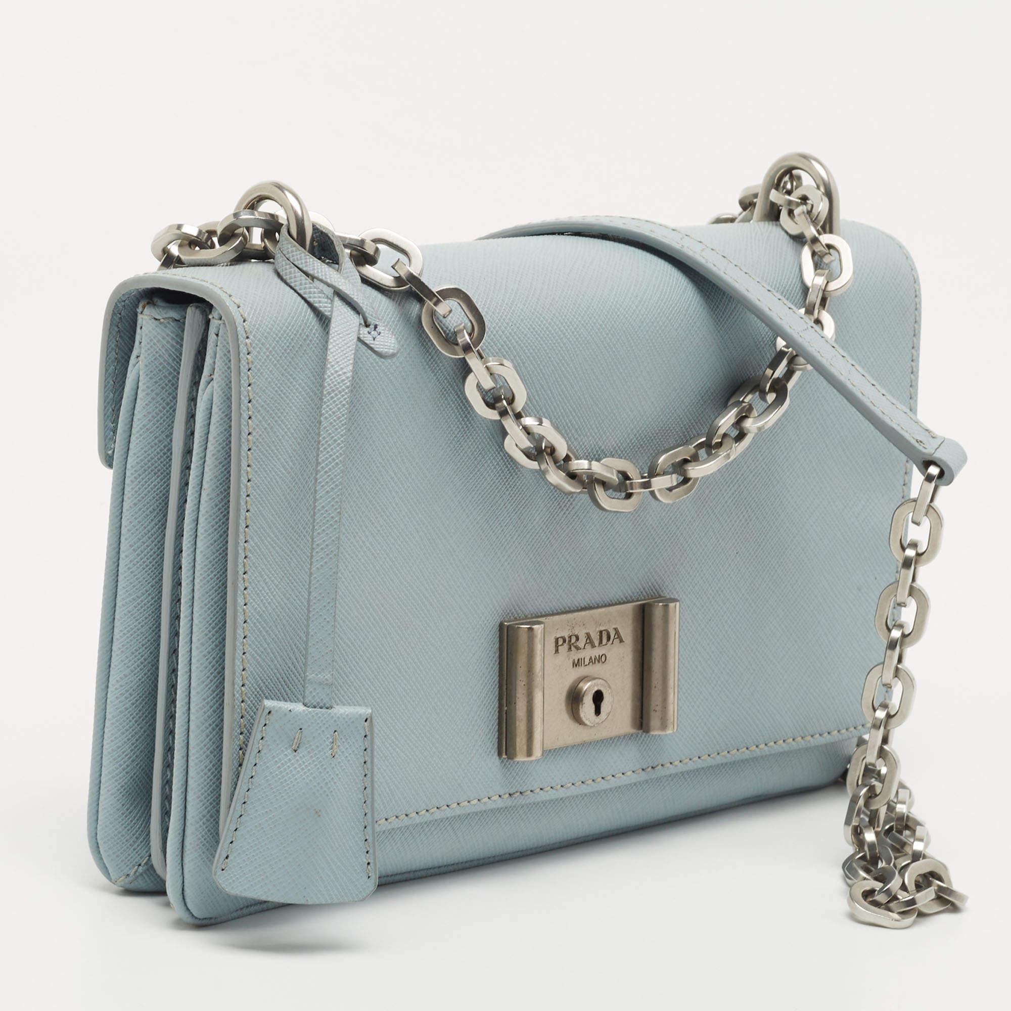 Gray Prada Blue Saffiano Lux Leather Metal Closure Chain Shoulder Bag