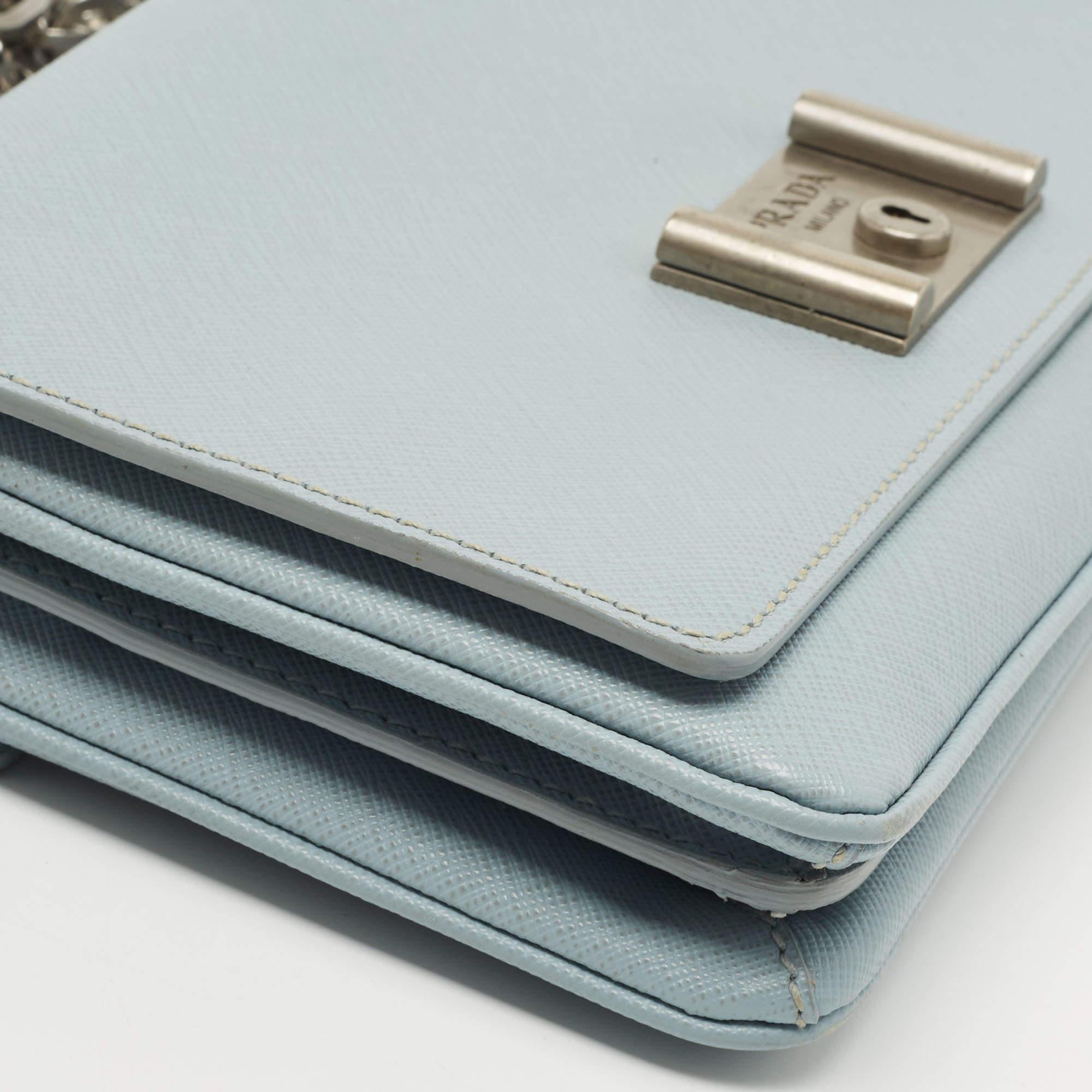 Women's Prada Blue Saffiano Lux Leather Metal Closure Chain Shoulder Bag