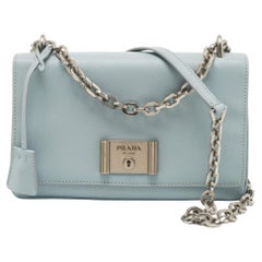 Prada Blue Saffiano Lux Leather Metal Closure Chain Shoulder Bag