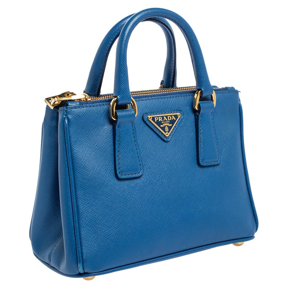 Prada Blue Saffiano Lux Leather Micro Double Zip Tote In Good Condition In Dubai, Al Qouz 2