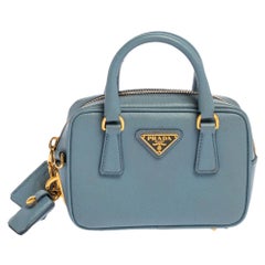Prada Blue Saffiano Lux Leather Mini Bauletto Bag