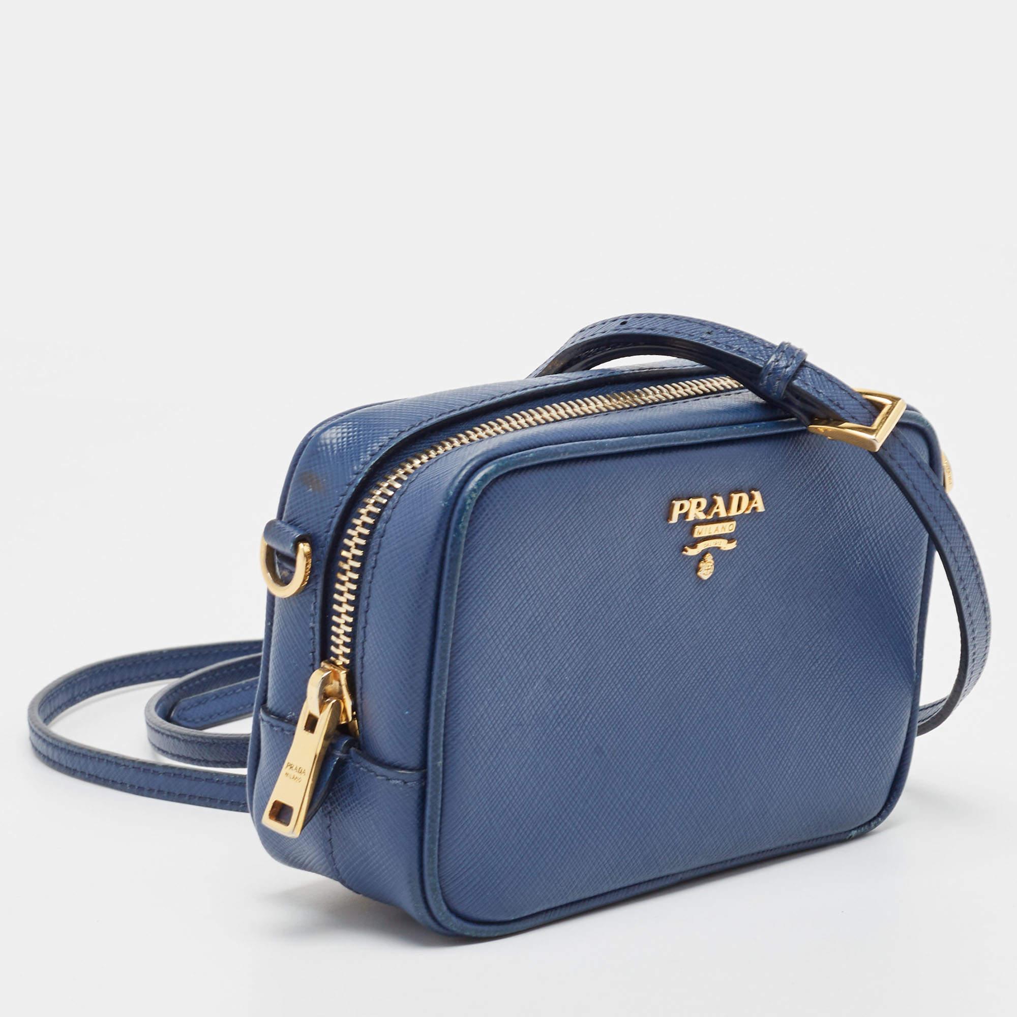 Prada Blue Saffiano Lux Leather Mini Camera Crossbody Bag In Good Condition In Dubai, Al Qouz 2