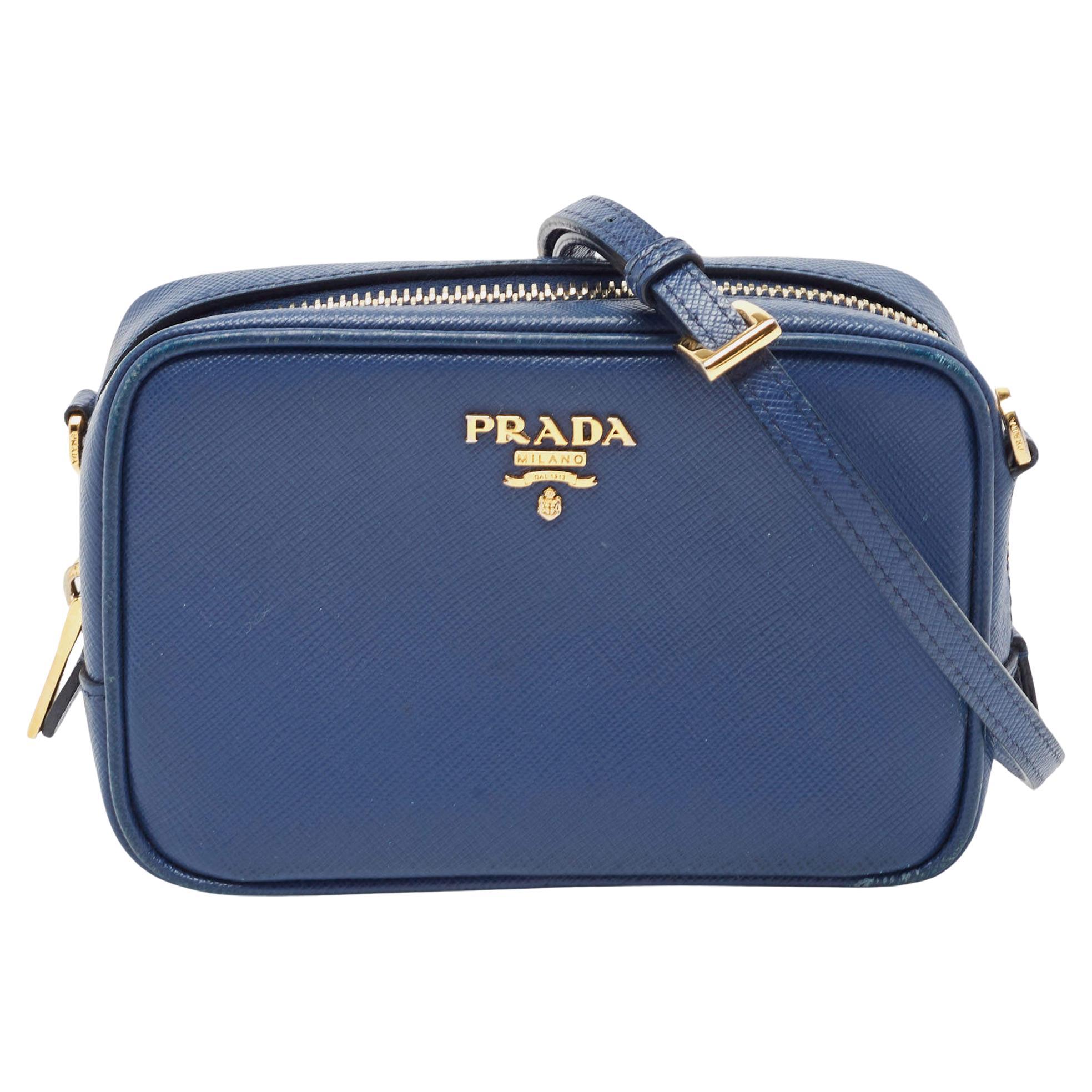 Prada Blue Saffiano Lux Leather Mini Camera Crossbody Bag