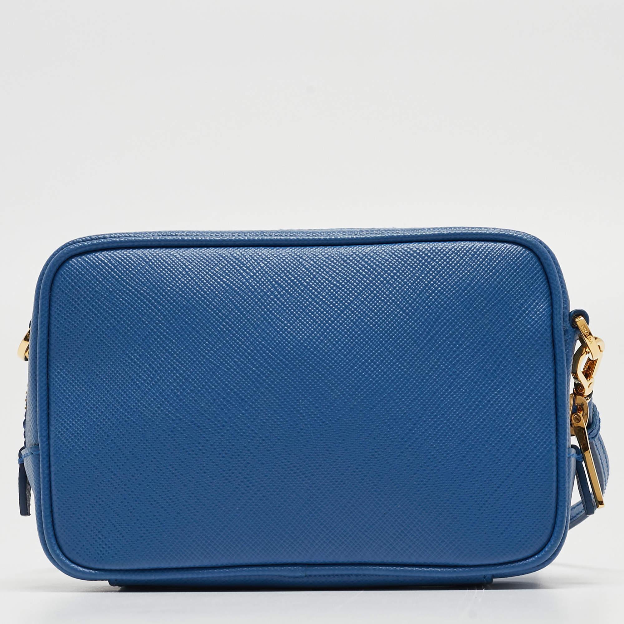 Prada Blue Saffiano Lux Leather Mini Top Zip Camera Bag For Sale 9