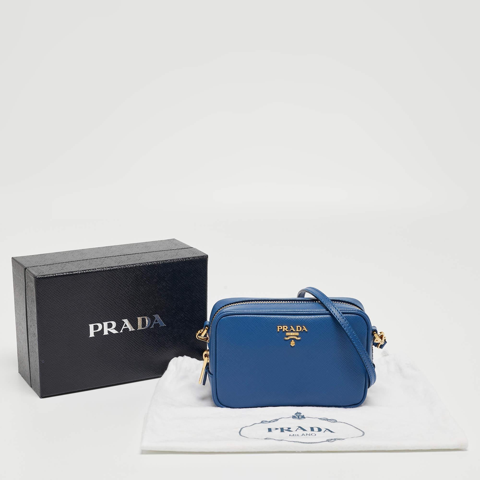Prada Blue Saffiano Lux Leather Mini Top Zip Camera Bag For Sale 11