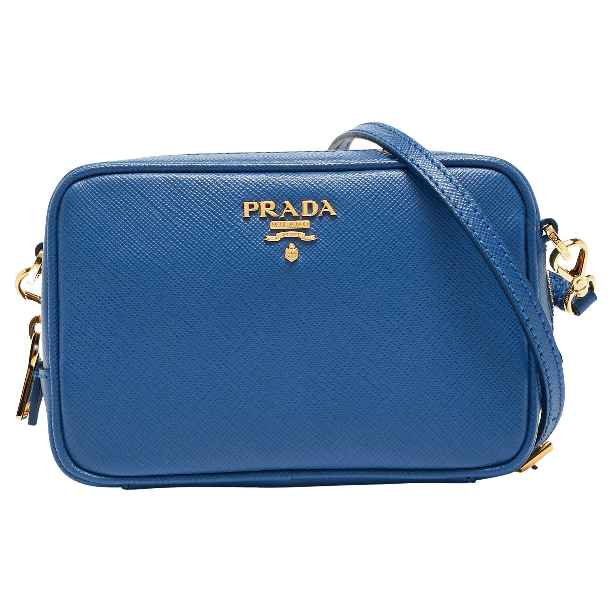 Prada Blue Saffiano Lux Leather Mini Top Zip Camera Bag For Sale