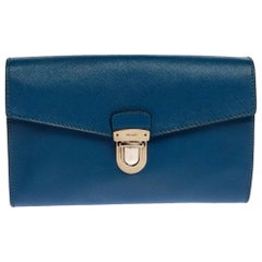Prada Blue Saffiano Lux Leather Pushlock Flap Clutch