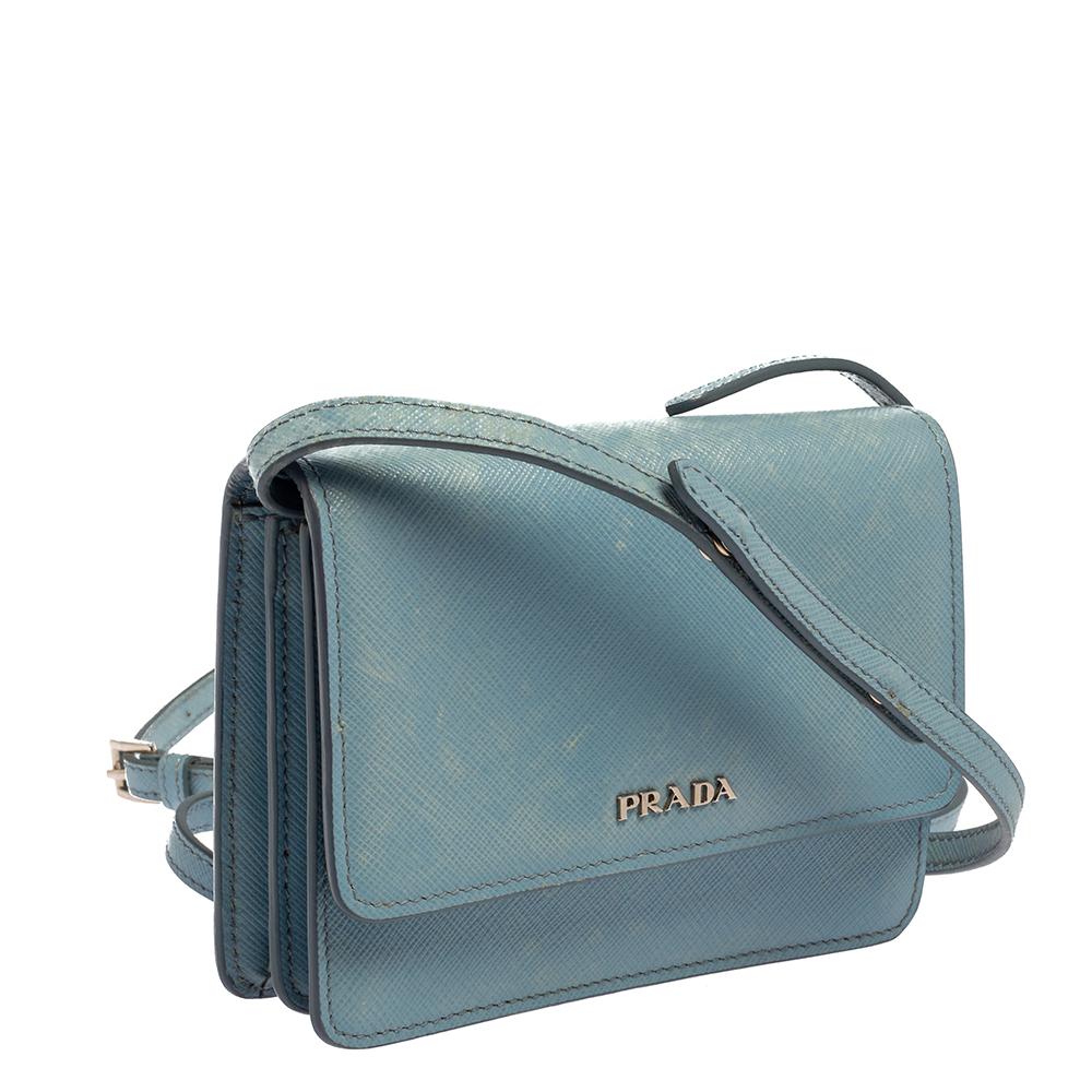 Gray Prada Blue Saffiano Lux Leather Small Crossbody Bag