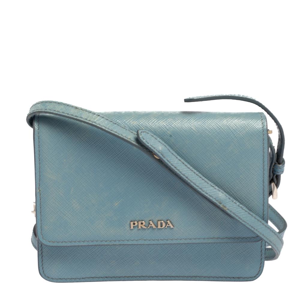 Prada Blue Saffiano Lux Leather Small Crossbody Bag For Sale at 1stDibs