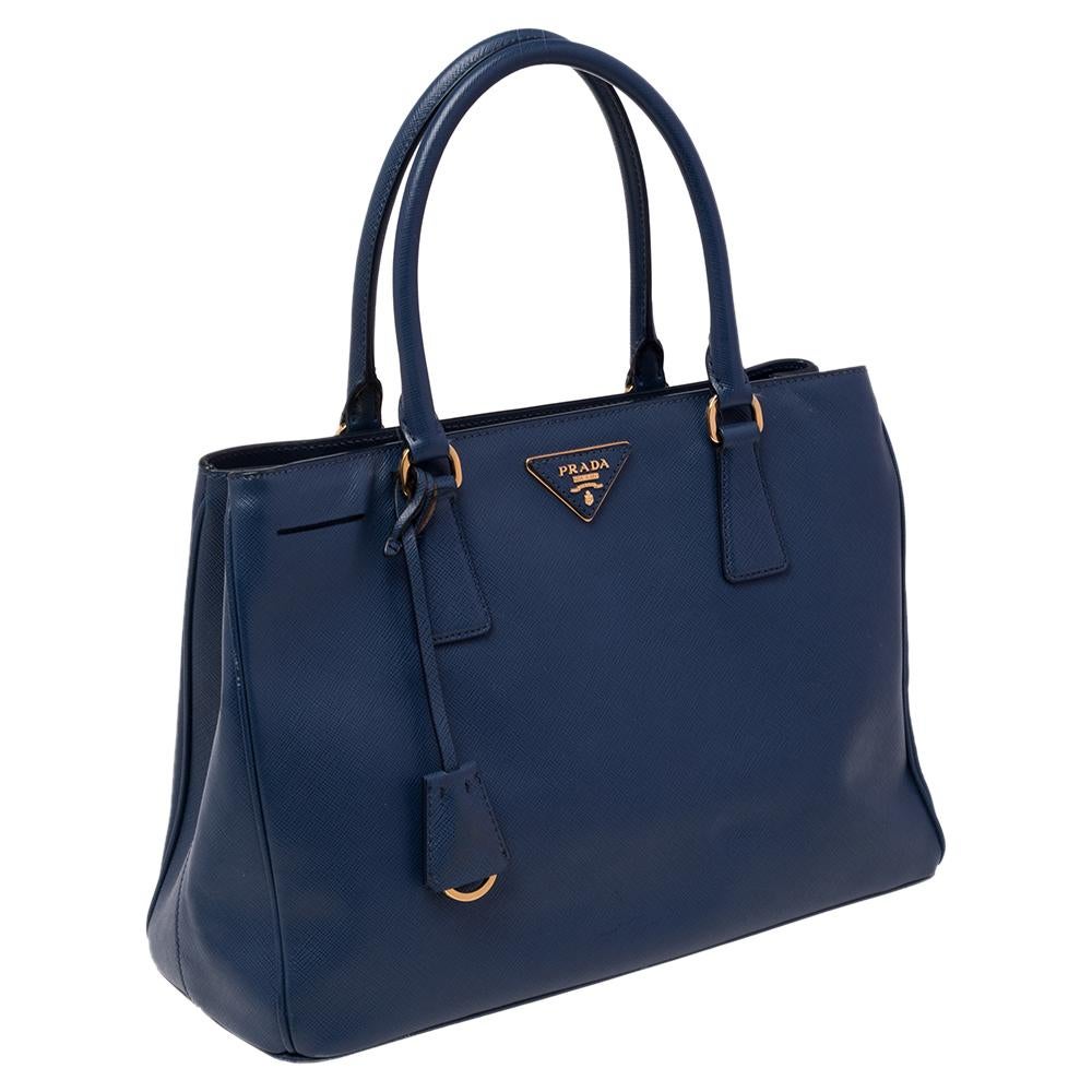 Women's Prada Blue Saffiano Lux Leather Small Middle Zip Tote