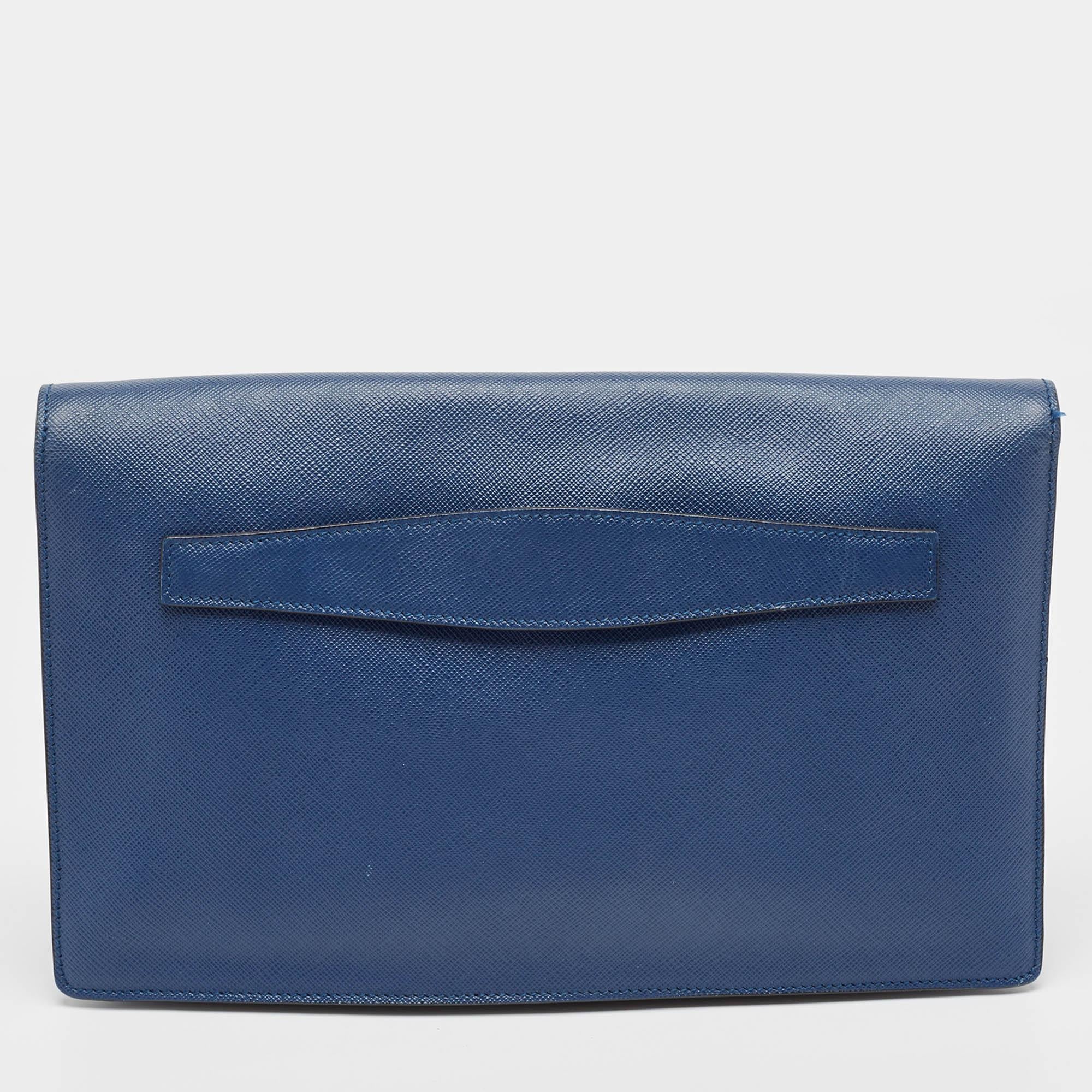 Women's Prada Blue Saffiano Lux Leather Sound Clutch