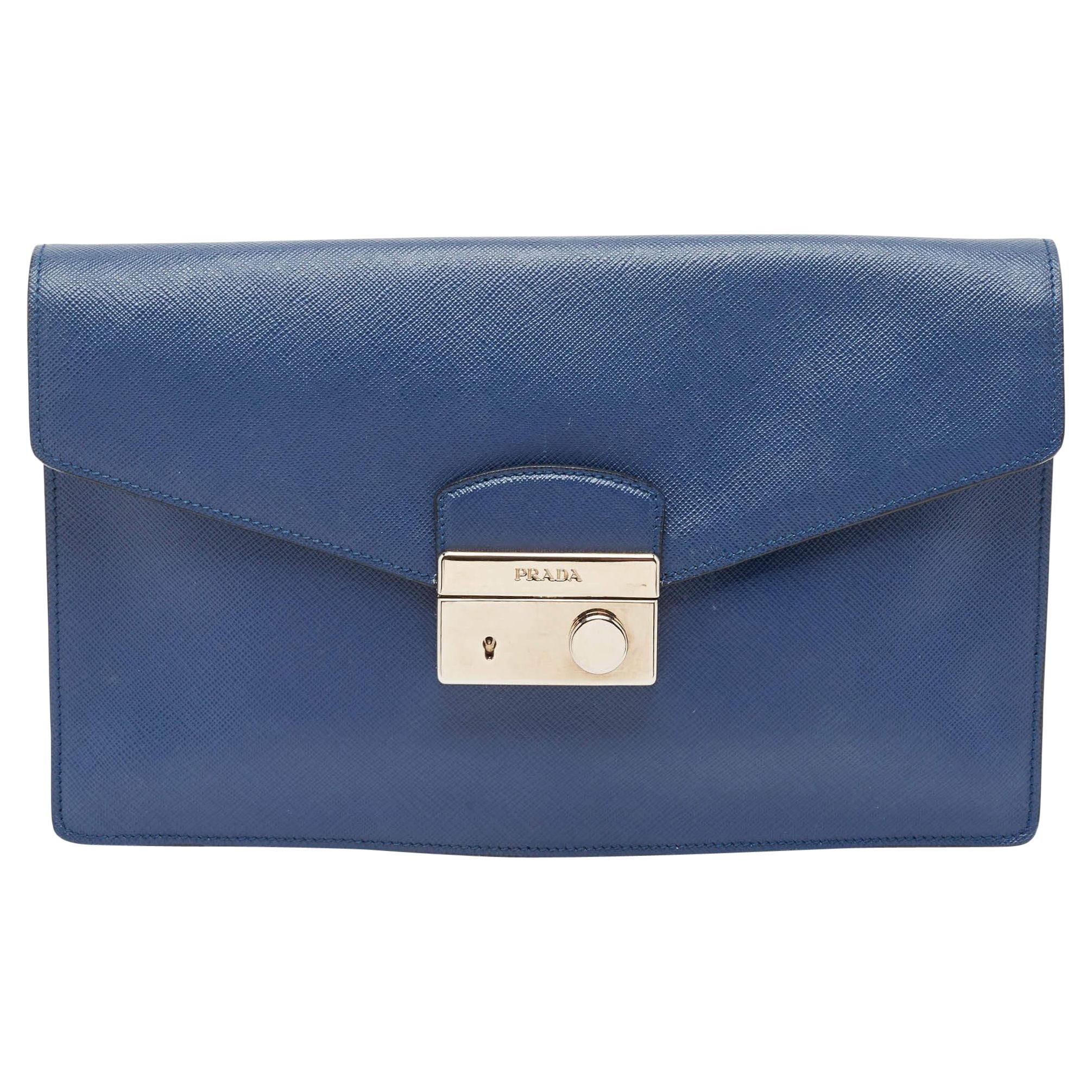 Prada Blue Saffiano Lux Leather Sound Clutch