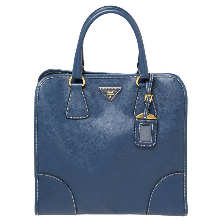 Prada Saffiano Leather Blue Bauletto Boston Bag Round For Sale at 1stDibs