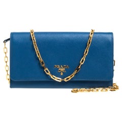 Prada Blue Saffiano Lux Leather Wallet on Chain