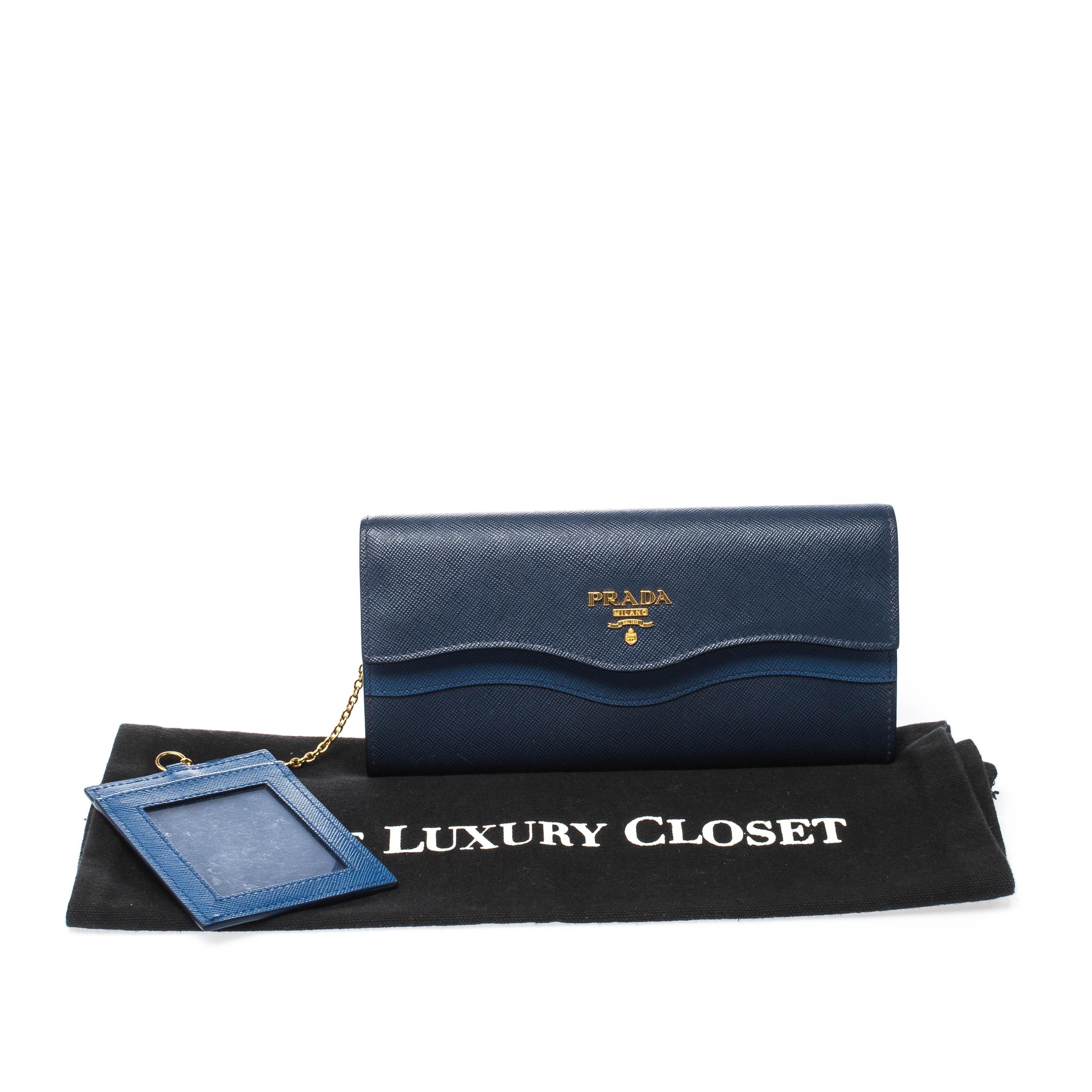 Prada Blue Saffiano Lux Leather Wave Continental Wallet 7