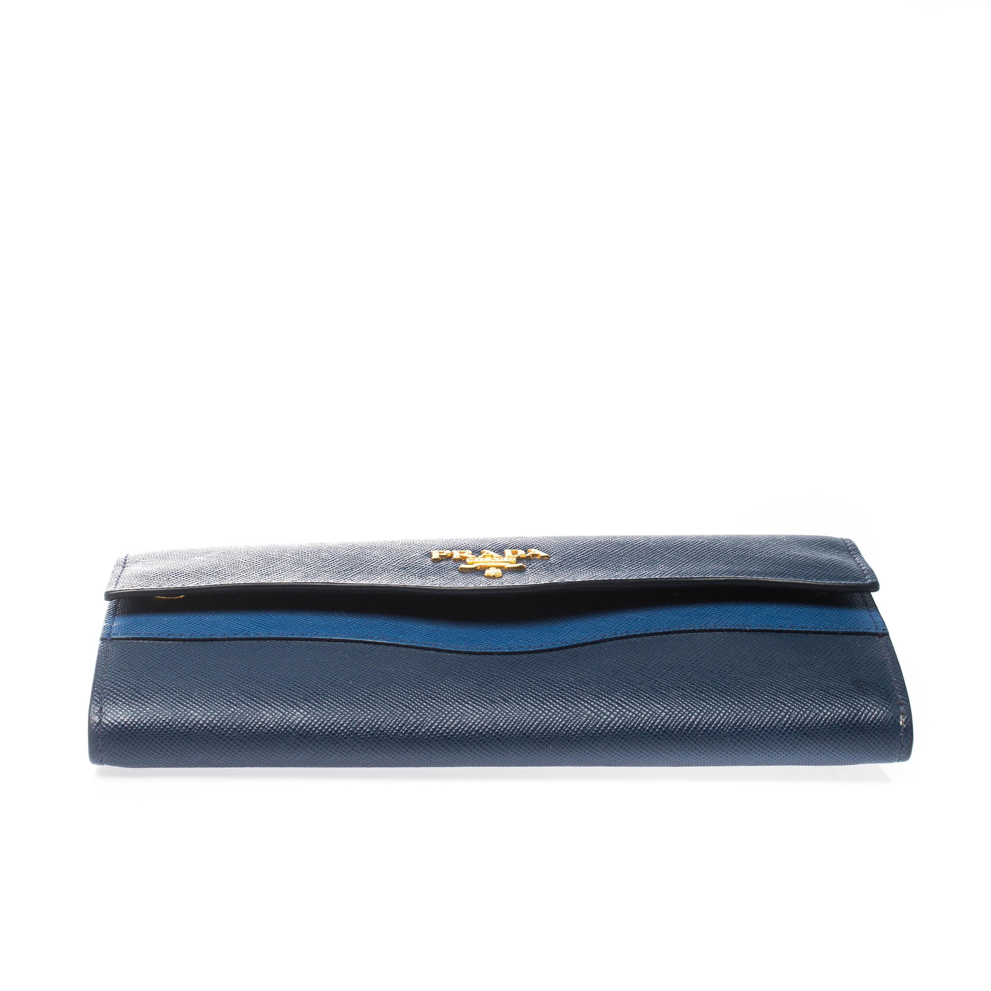 Women's Prada Blue Saffiano Lux Leather Wave Continental Wallet
