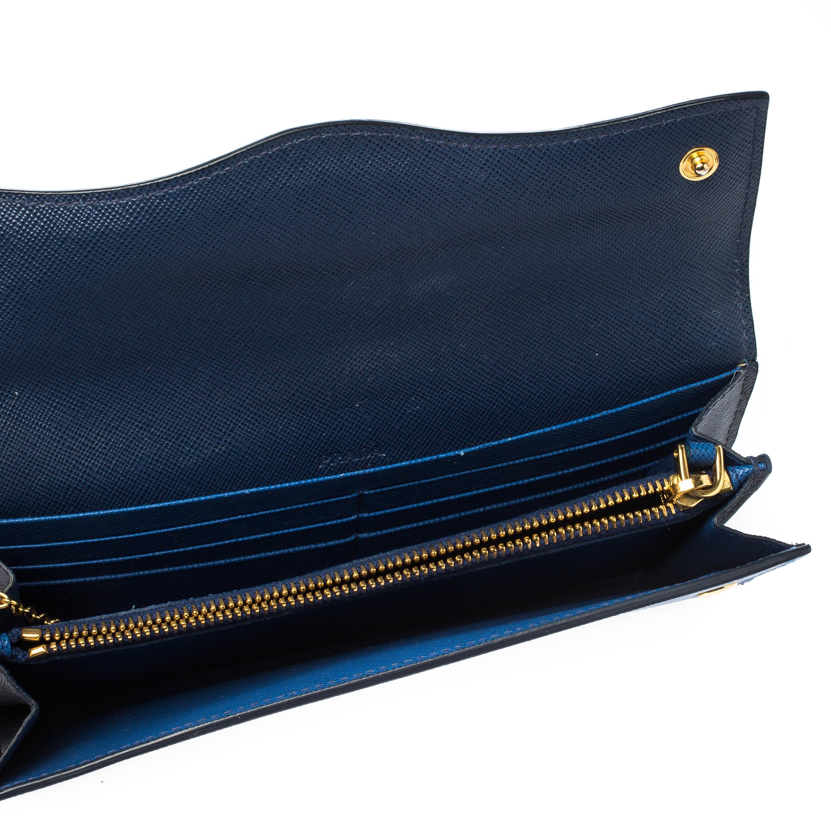 Prada Blue Saffiano Lux Leather Wave Continental Wallet 2