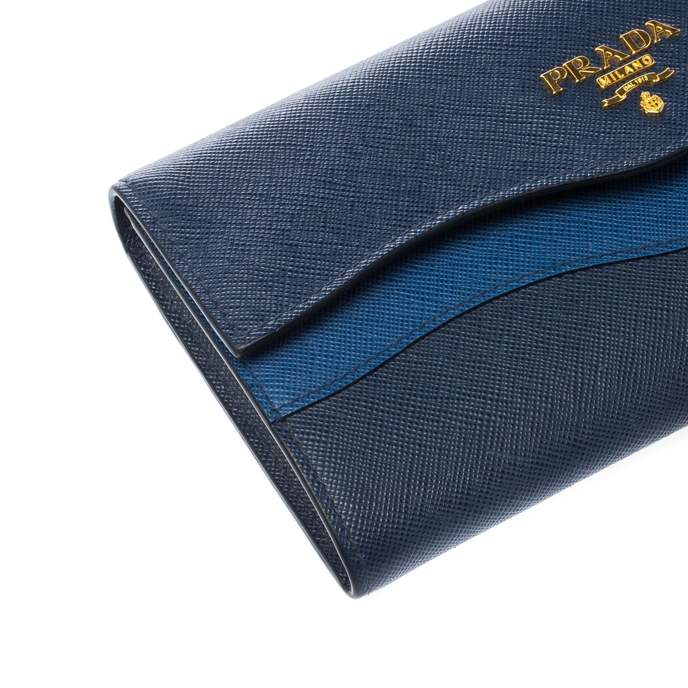 Prada Blue Saffiano Lux Leather Wave Continental Wallet 5