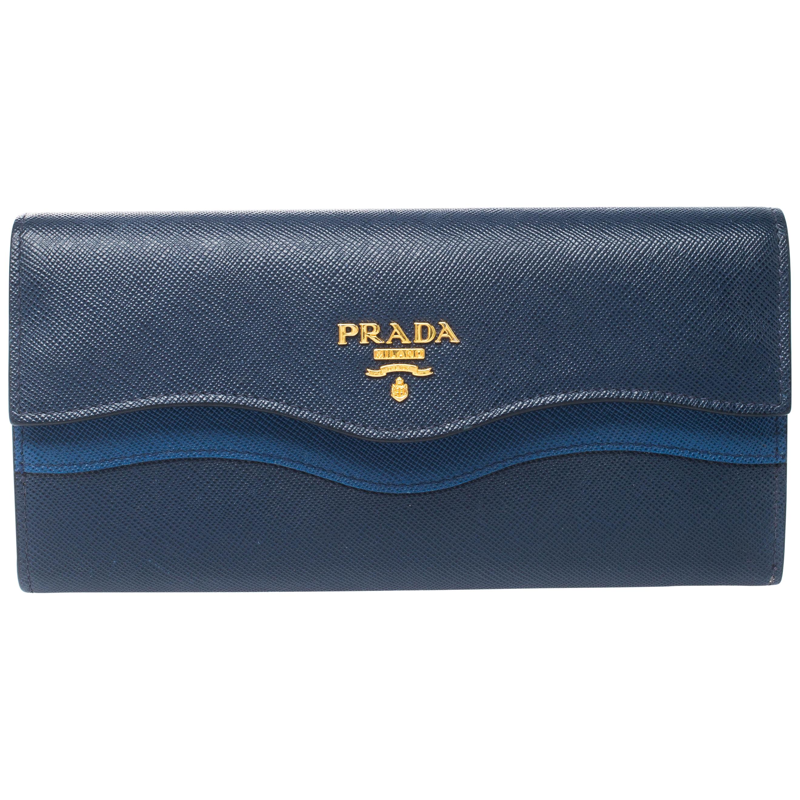Prada Blue Saffiano Lux Leather Wave Continental Wallet