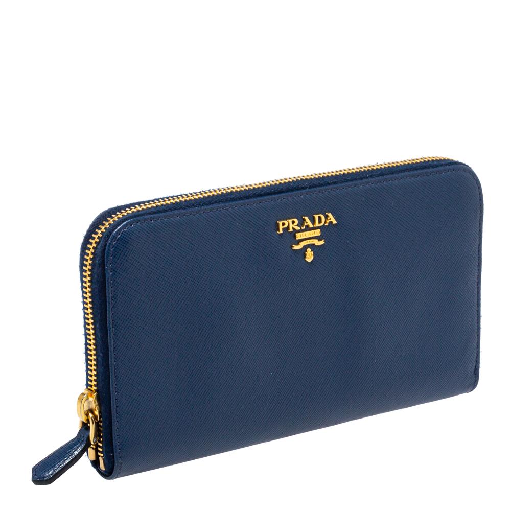 Women's Prada Blue Saffiano Lux Leather Zip Around Continental Wallet