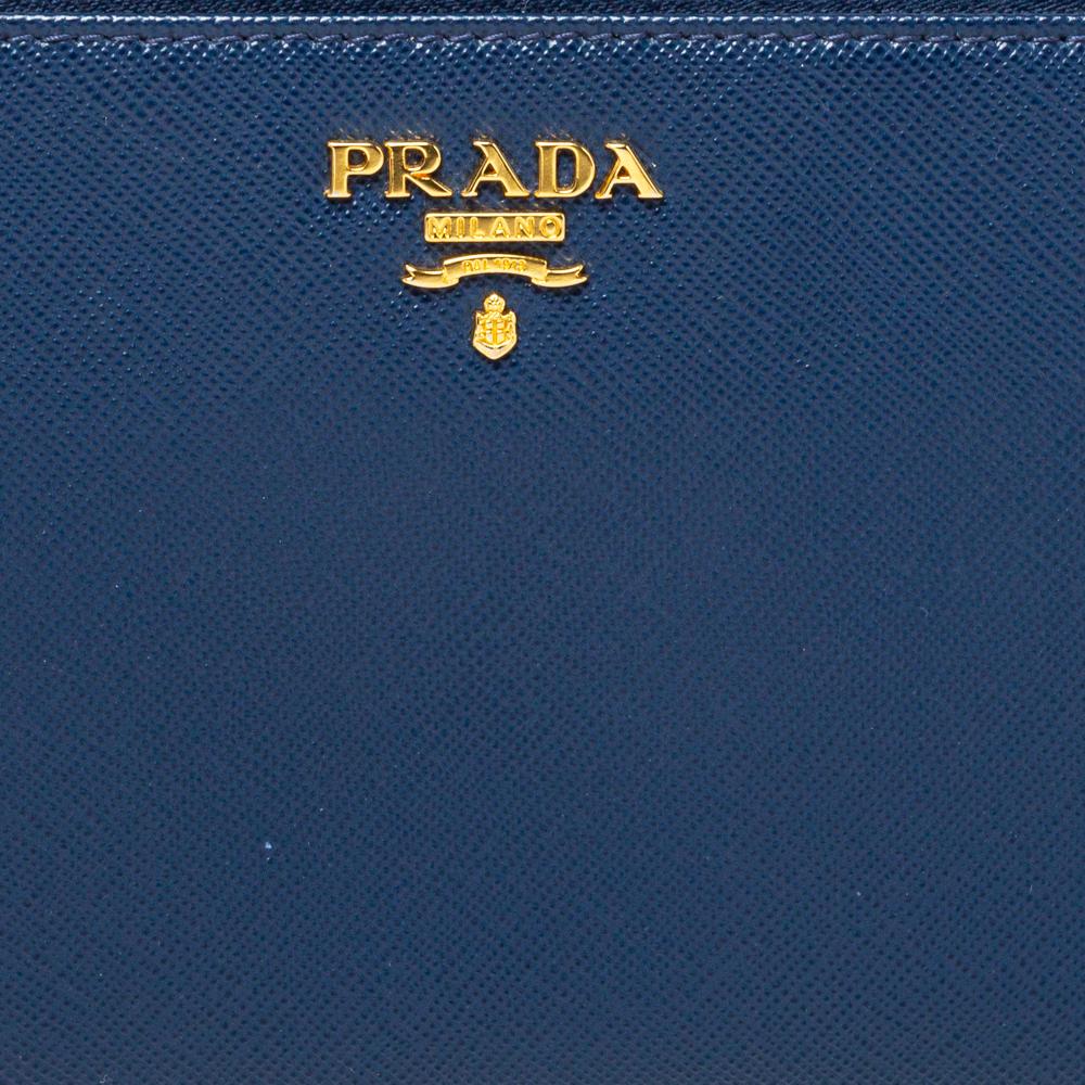 Prada Blue Saffiano Lux Leather Zip Around Continental Wallet 1