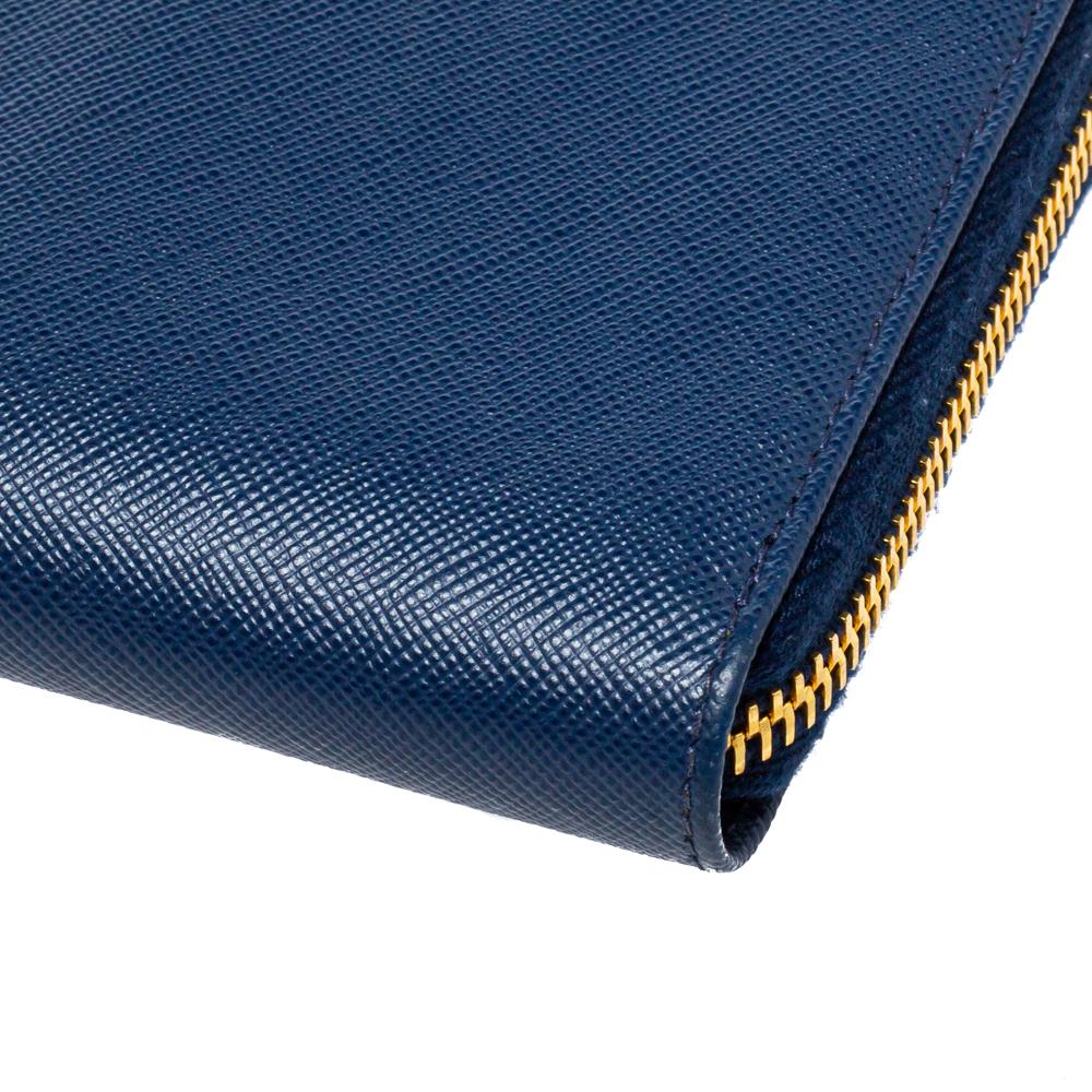 Prada Blue Saffiano Lux Leather Zip Around Continental Wallet 2