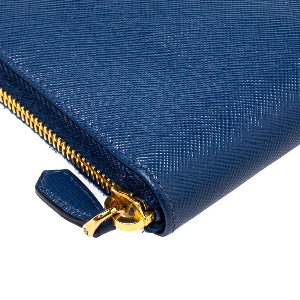 Prada Blue Saffiano Lux Leather Zip Around Continental Wallet 3