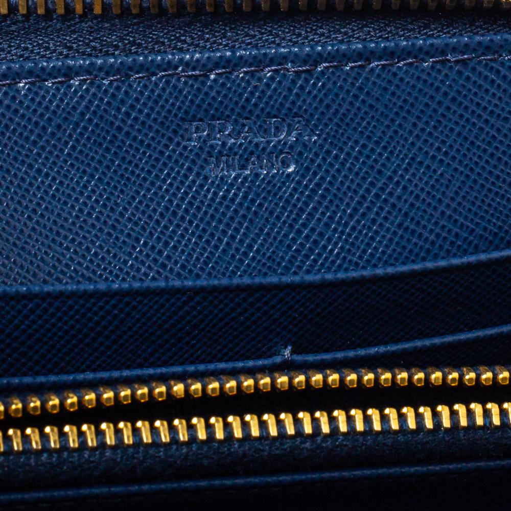 Prada Blue Saffiano Lux Leather Zip Around Continental Wallet 4