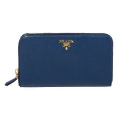 Prada Blue Saffiano Lux Leather Zip Around Continental Wallet