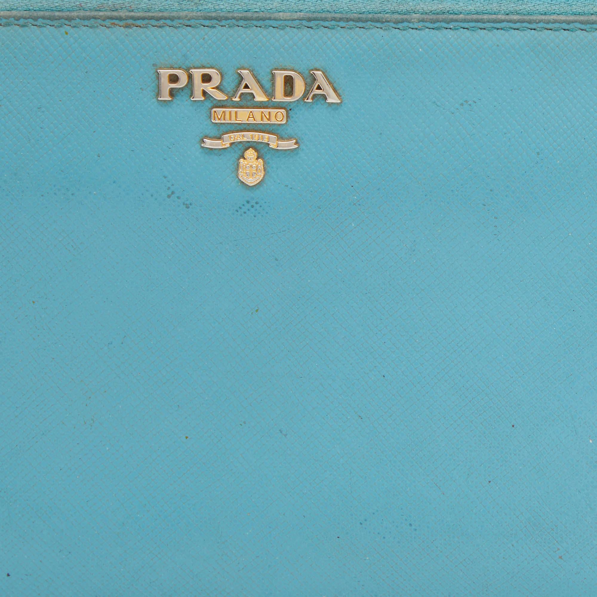 Prada Blue Saffiano Lux Leather Zip Around Wallet For Sale 1