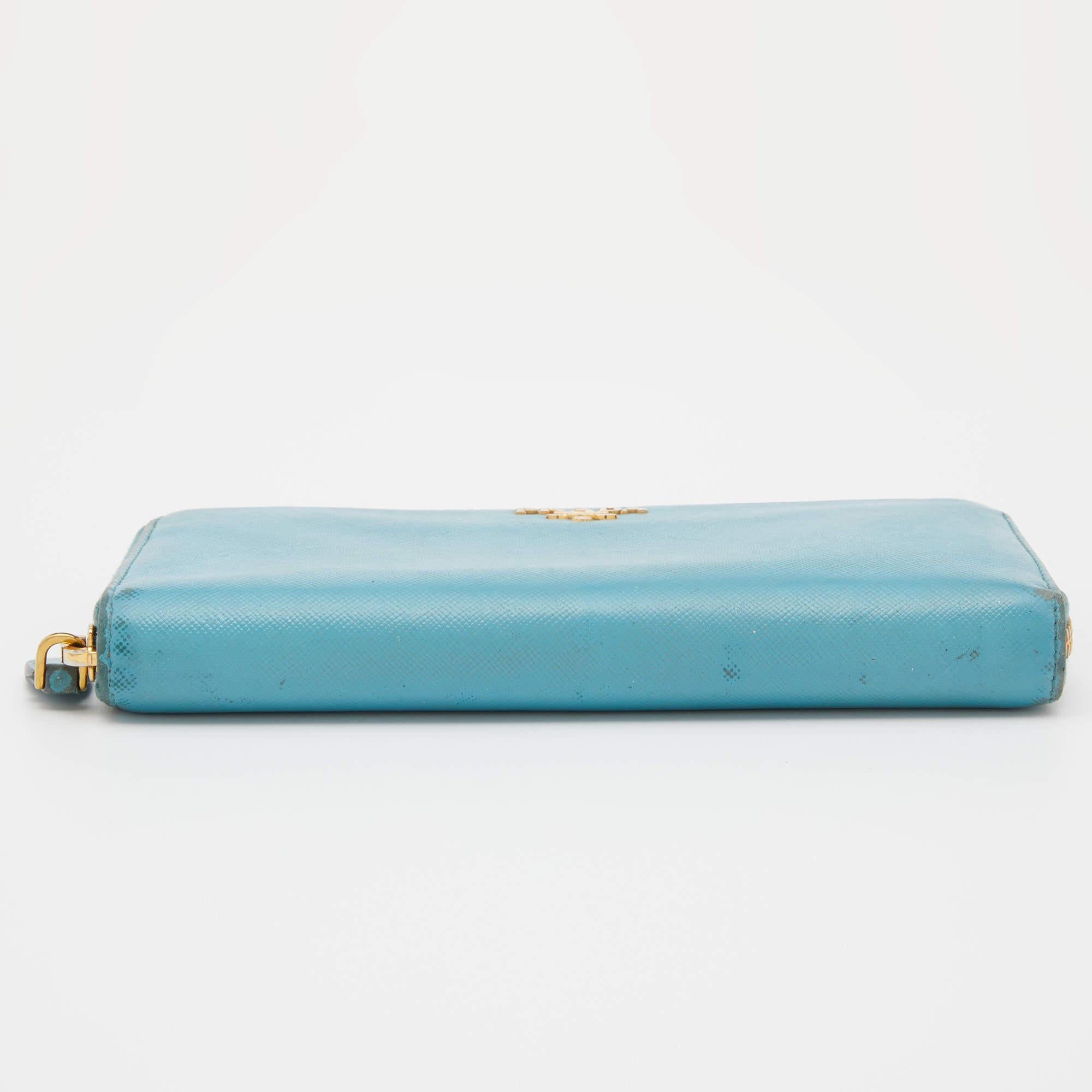 Prada Blue Saffiano Lux Leather Zip Around Wallet For Sale 2
