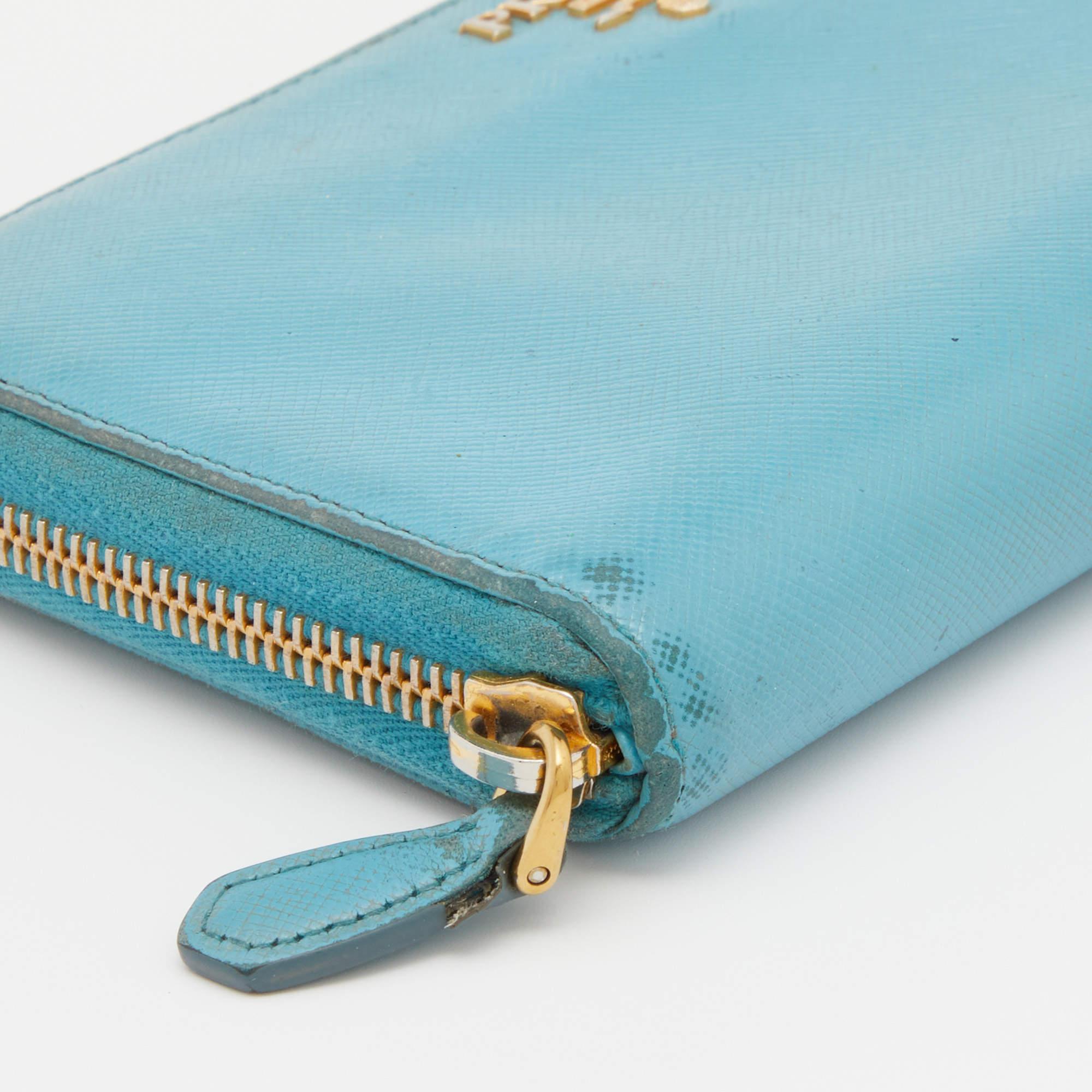 Prada Blue Saffiano Lux Leather Zip Around Wallet For Sale 4
